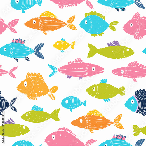 Cute seamless pattern with various fishes. Crayon drawn colorful school of fish. Marine kids background.