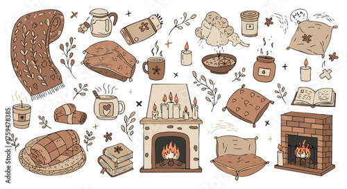 Warm Winter Comfort Items and Fireplace Hand-Drawn Doodle Set