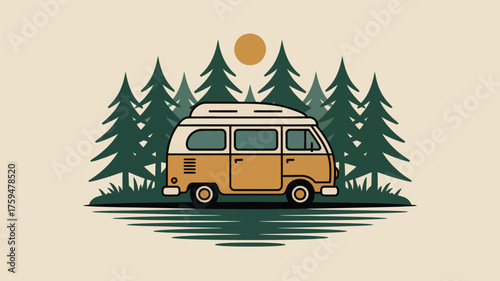 Illustration of a camper van parked in a forest with a sun in the background in a retro style