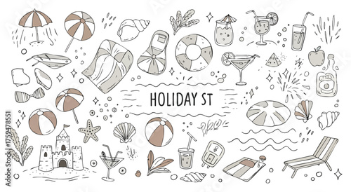 Summer Beach Vacation Hand-Drawn Elements for Tropical Leisure