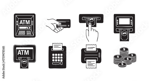 Black and white ATM machine icons representing banking services and transactions