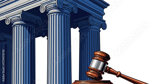 Symbolic illustration of the legal and justice system, featuring a classical courthouse with majestic columns and a judicial gavel, representing governance, fair judgment, and the rule of law