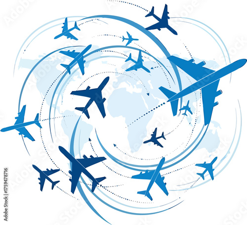 Conceptual illustration of multiple blue airplanes flying around a world map in a dynamic, swirling pattern, symbolizing global travel and aviation networks