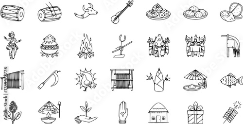 Assamese Bihu Festival and Cultural Elements Line Art Icons Set