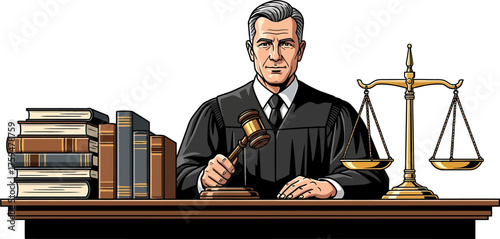 A dignified judge in robes sits at the bench with a gavel, law books, and the scales of justice, symbolizing the legal system