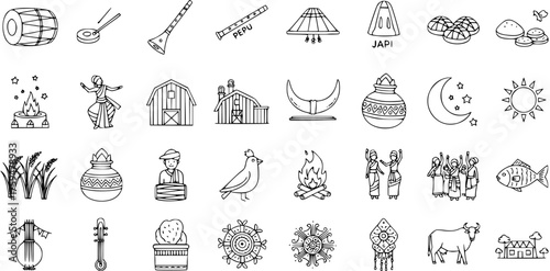 Assamese Bihu Festival Traditional Culture Doodle Line Art Icons Set. Featuring Musical Instruments, Dance, Food, Animals, and Celebration Symbols from Assam, India.