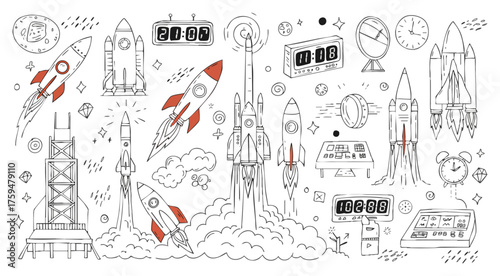 Dynamic Rocket Launch & Space Exploration Doodle Art