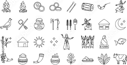 Indian Harvest Festival  Cultural Celebration Line Art Icons: Traditional Bonfires, Folk Dances, Musical Instruments, Farming Tools, Food, and Nature Symbols