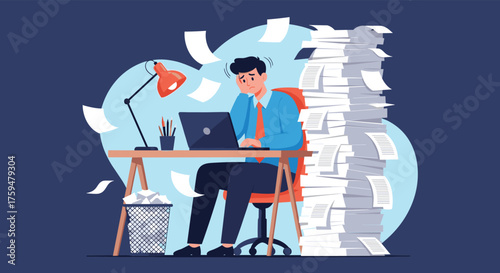 An overwhelmed employee struggling with a large stack of paperwork and a cluttered desk.