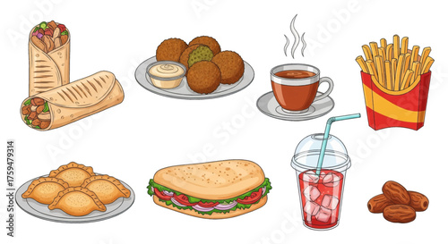 Collection of Middle Eastern street food and drinks including shawarma, falafel, fries, and dates