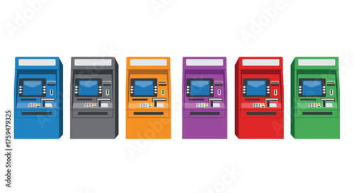 A row of colorful automated teller machines displaying different colors for easy identification.