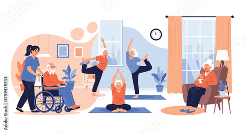 Seniors enjoying a wellness session with yoga and gentle exercise in a community setting.