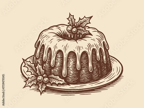 christmas pudding engraving dessert illustration vector