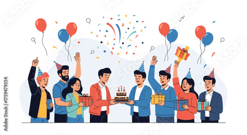 A group of friends and colleagues celebrate a birthday with cake and gifts.