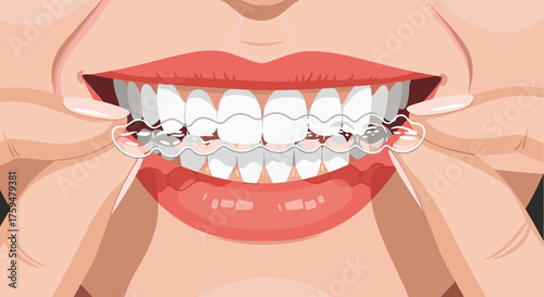 Close up view of a person's mouth with clear aligners being adjusted.