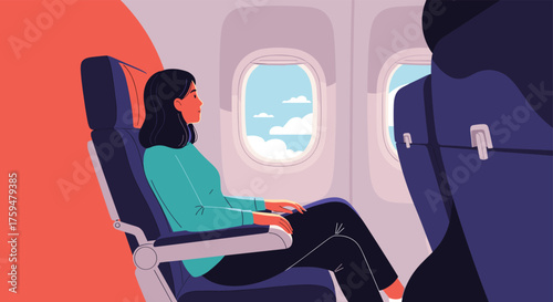 A woman enjoys the view from her airplane window seat looking out at the clouds and sky.