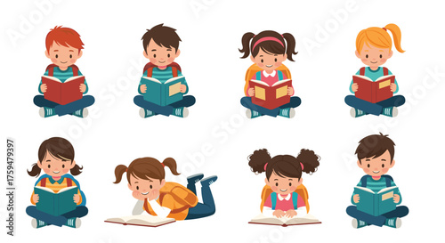 A diverse group of children enjoying reading books in different styles.