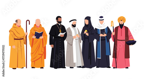 Diverse religious leaders showcasing different spiritual traditions and attire.