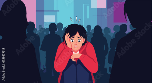 A young person experiencing anxiety and overwhelm in a crowded city setting.