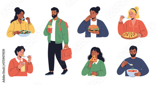 Diverse people enjoying various meals and drinks together.