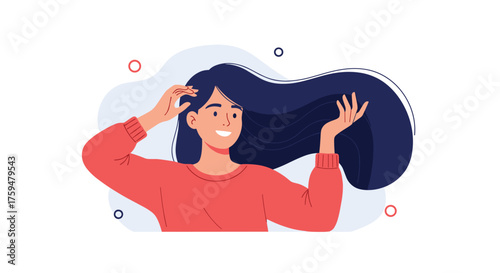 A young woman with long dark hair enjoys a breezy day outdoors and her flowing locks.