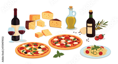 A delicious spread of Italian food and drinks for a delightful meal.