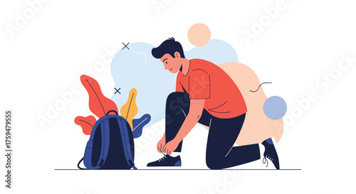 Young man tying his shoe before going on an adventure.