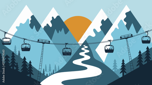 Illustration of a mountain landscape with ski lift and a winding river at sunset in blue tones