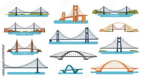 An illustrated collection of various bridge designs spanning across water and landscapes.