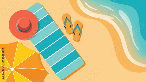 Top view of beach scene with towel hat umbrella flip flops and ocean waves in cartoon style art 100