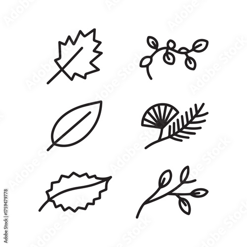  Minimalist Black and White Leaf Icon Set Vector Design.