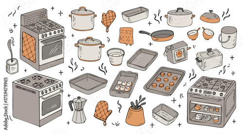 Kitchen Stoves Ovens and Cookware Set Doodle Illustration