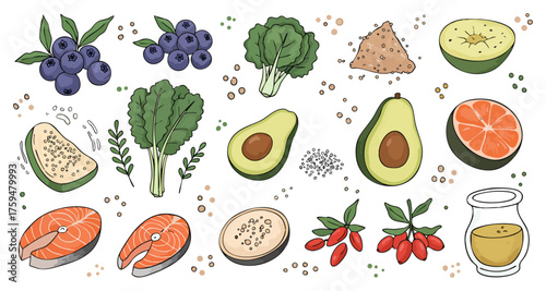 Nutritious Healthy Superfoods and Fresh Ingredients Doodle