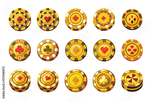 Cartoon illustration of golden casino poker chips with heart, spade, diamond, and club