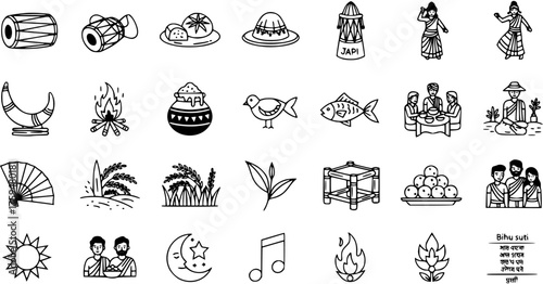 Assamese Bihu Festival Doodle Icons. Hand-drawn vector set of traditional elements: drums, Japi, dancers, bonfire, food, and cultural symbols representing Bihu celebration in Assam, India.