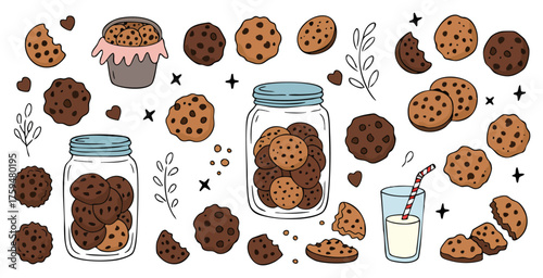Hand-drawn Chocolate Chip Cookies and Milk Vector Illustration Set