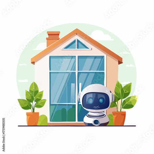 Cute Robot Standing in Front of a Modern House with Green Plants.