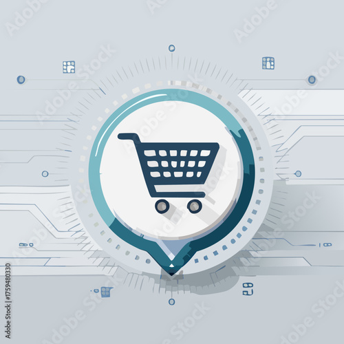 Digital Shopping Cart Icon with Technological Background.