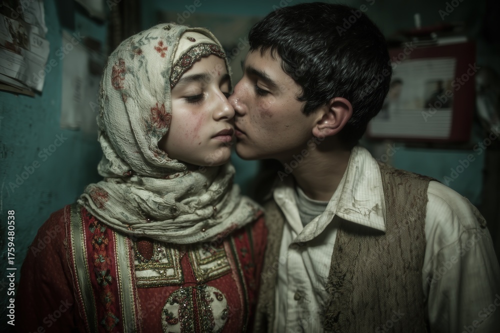 Obraz premium Young couple sharing a tender moment in a cozy, dimly lit room decorated with sentimental items and memories