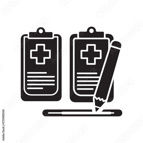 Minimalist Black and White Medical Clipboard Icons with Pencils for Infographics Design. 