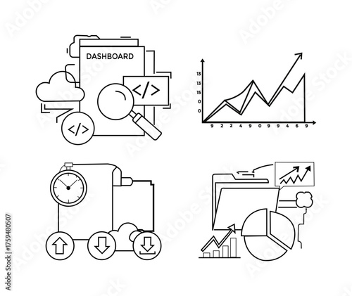 Hand drawn icons representing data analysis cloud computing software development and business growth charts