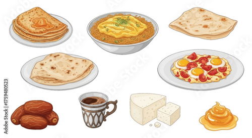 Collection of traditional Middle Eastern foods including dates, bread, cheese, and coffee