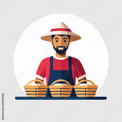 Farmer with Baskets of Harvested Goods in Sunlight.