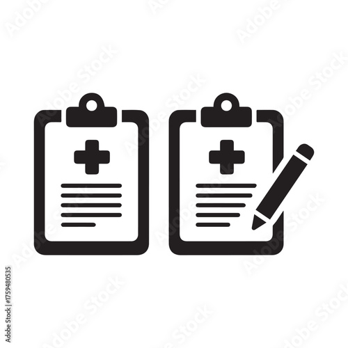Minimalist Black and White Medical Clipboard Icons with Pencils for Infographics Design. 