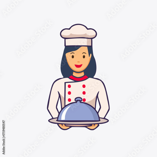 Female Chef Serving Dish Cartoon Illustration.