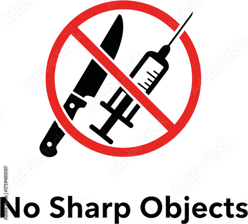 No sharp objects vector icon depicting a knife and syringe for safety and prohibition signage