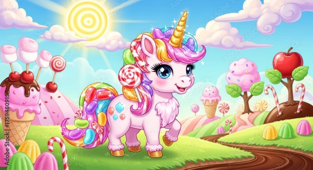 Naklejka premium Cartoon illustration of a magical unicorn in a candy land with colorful sweets and treats scenery