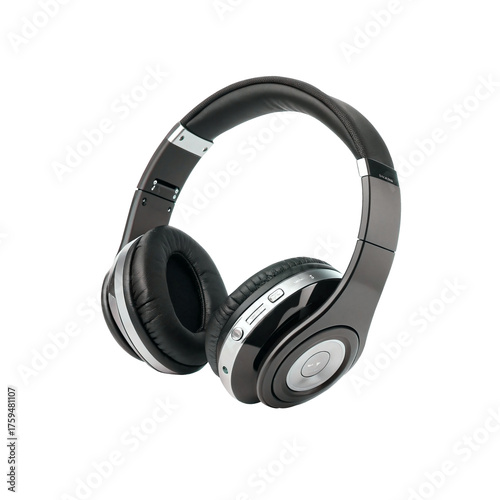 Black over-ear wireless Bluetooth headphones, modern high-quality audio accessory isolated on a transparent background, perfect PNG for music tech designs, gadget illustrations, electronic device mock