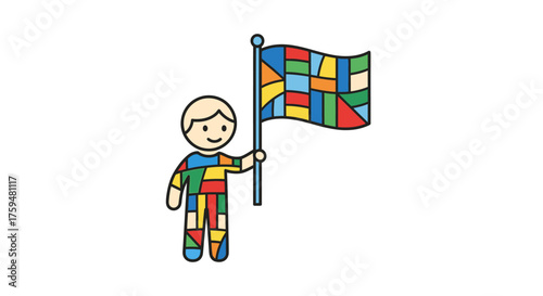 Symbolic illustration of a person covered in vibrant geometric patches holding a flag with similar