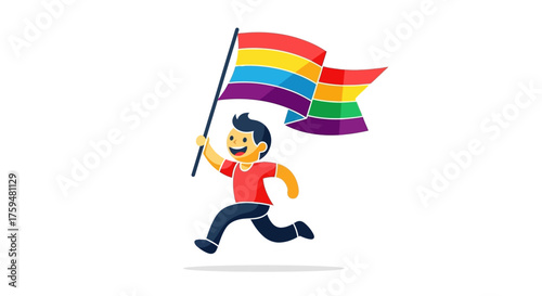 Cartoon boy running with a vibrant rainbow flag symbolizing pride and support for diversity